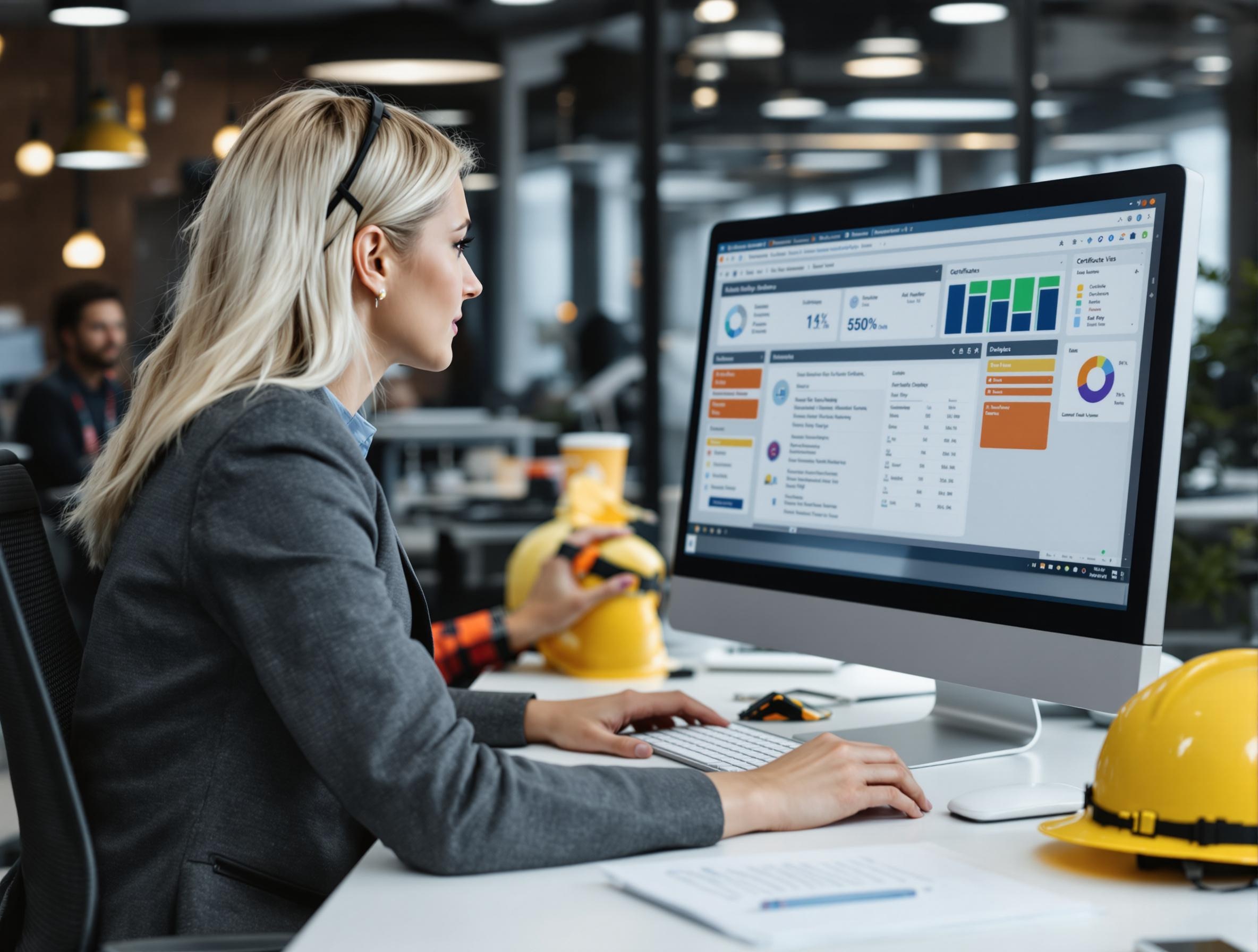 blonde woman looking at a computer screen with yellow hard hat on the desk